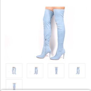 Sexy light blue denim high heel boots. Brand new.